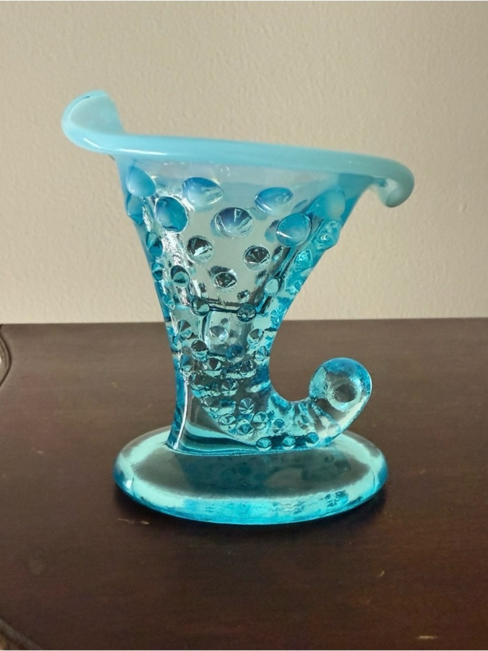 Vintage Fenton Glass Blue Opalescent Hobnail Cornucopia Horn Boot Candle Holder